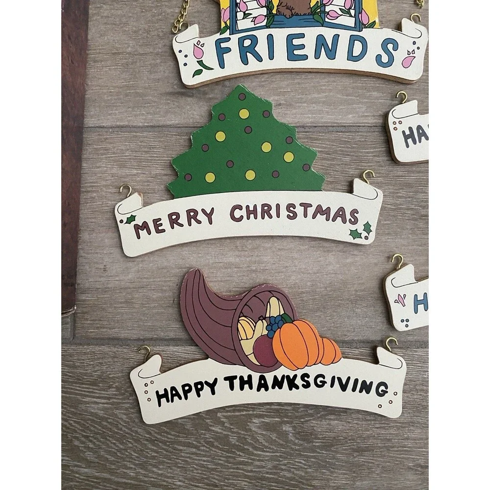Vintage Hanging Wooden Holiday Welcome Sign Easter Halloween Christmas Friends